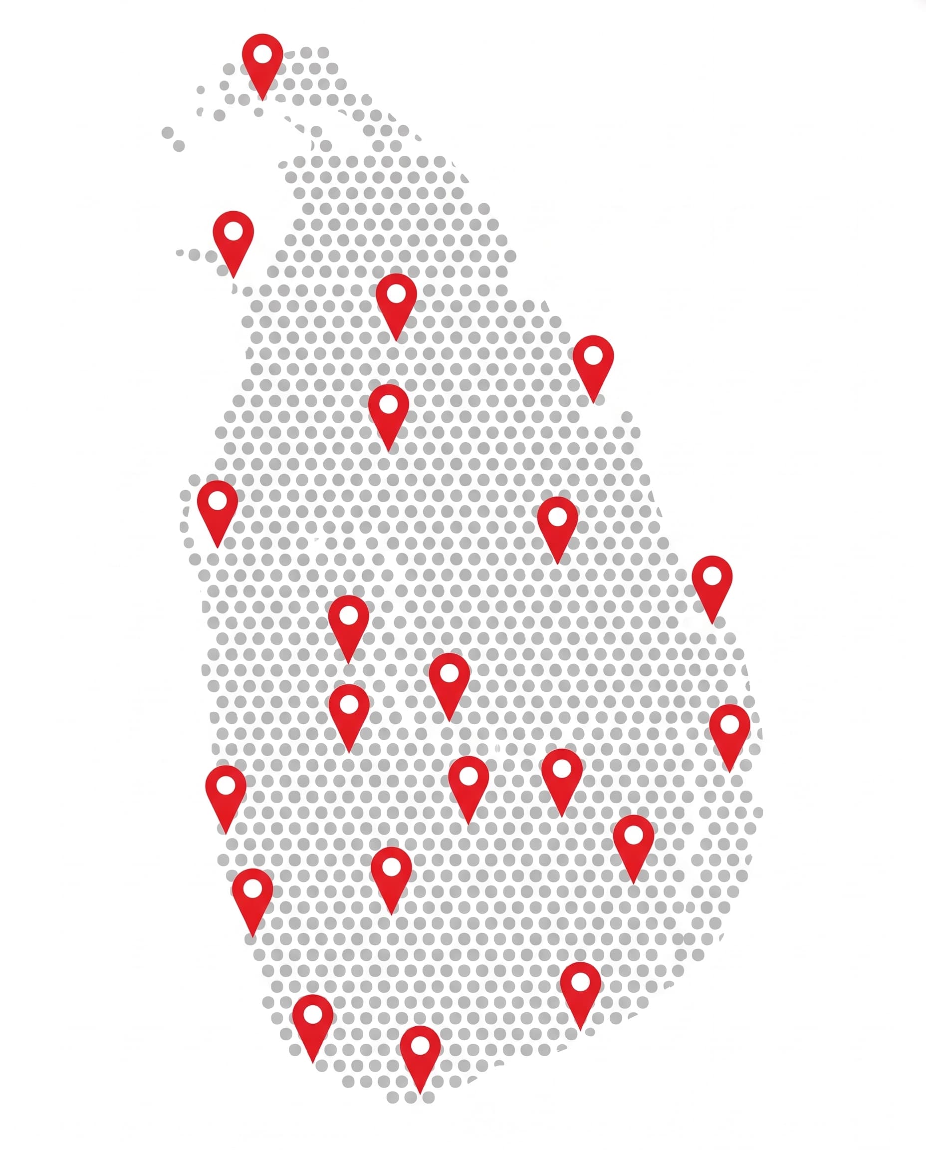 Map of Sri Lanka marked with Nextway College International branch locations island-wide